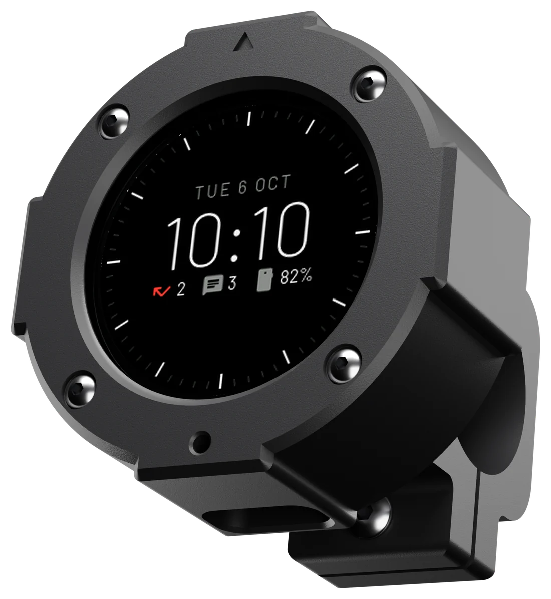 The RYDYNX display at an angle, showing the Stealth clock face